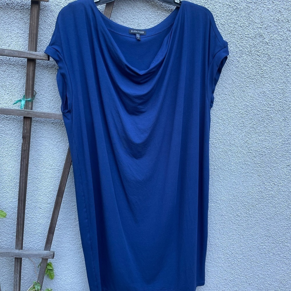 Eileen Fisher Drape Neck Dress Viscose Jersey deep Sky Blue - Picture 4 of 6